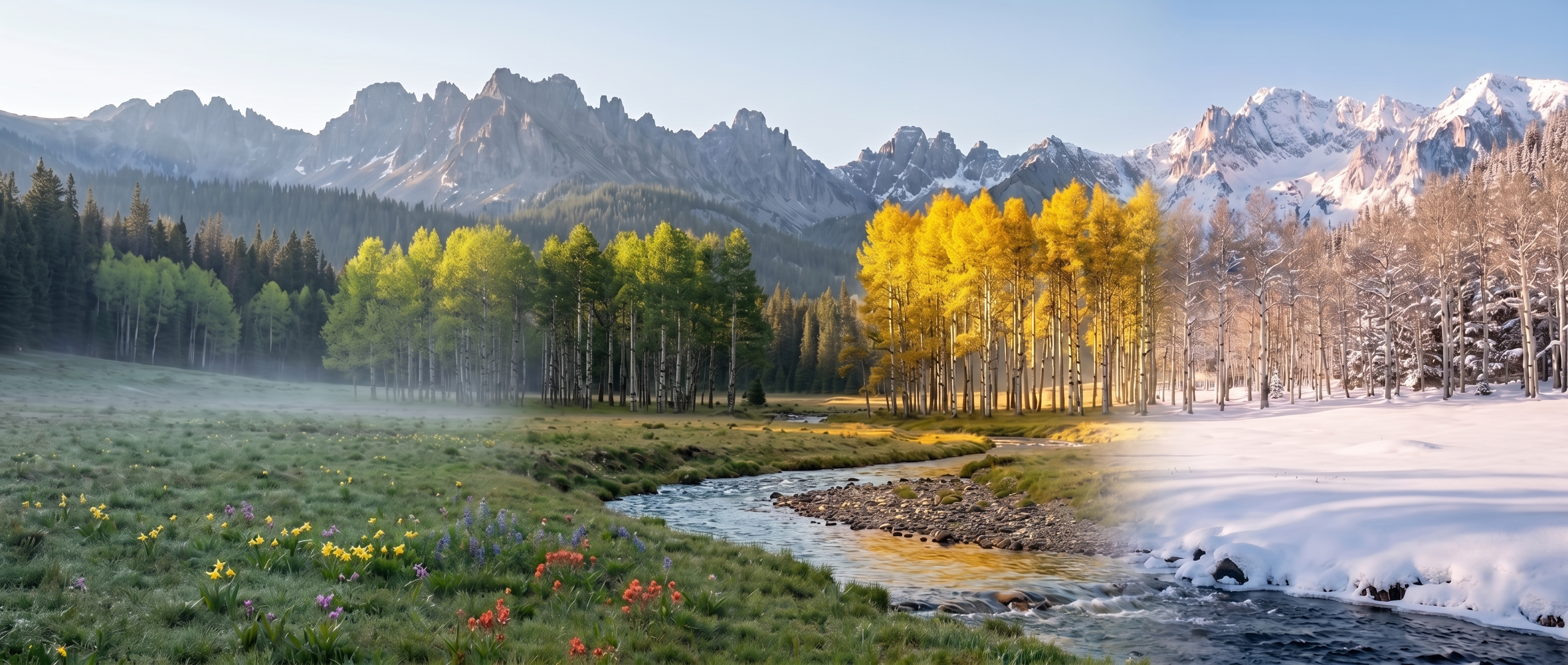 A meadow basin with a stream meandering past spring wildflowers, summer aspens, gold autumn trees, and snow-blanketed banks.